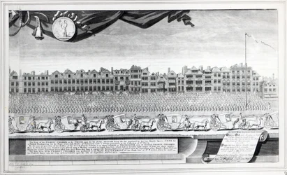 Uitzicht op de Charity Children in de Strand, 7 juli 1713, prent gemaakt in 1715